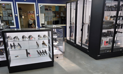 Firearms on display inside of United Supply Inc..